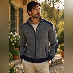 Bugatti Full Zip Cotton Knit Sweater L Gray